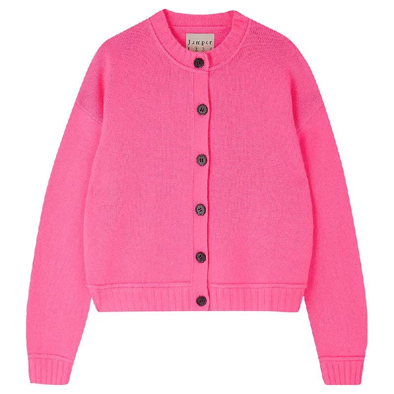 Cashmere Boxy Crew Cardigan in Neon Pink