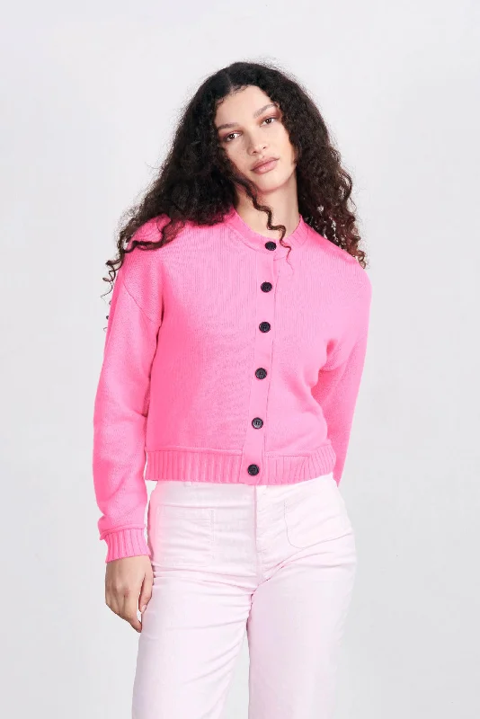 Cashmere Boxy Crew Cardigan in Neon Pink