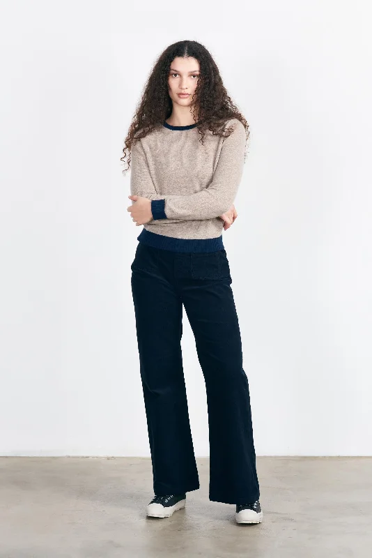 Cashmere Contrast Crew in Denim and Peony