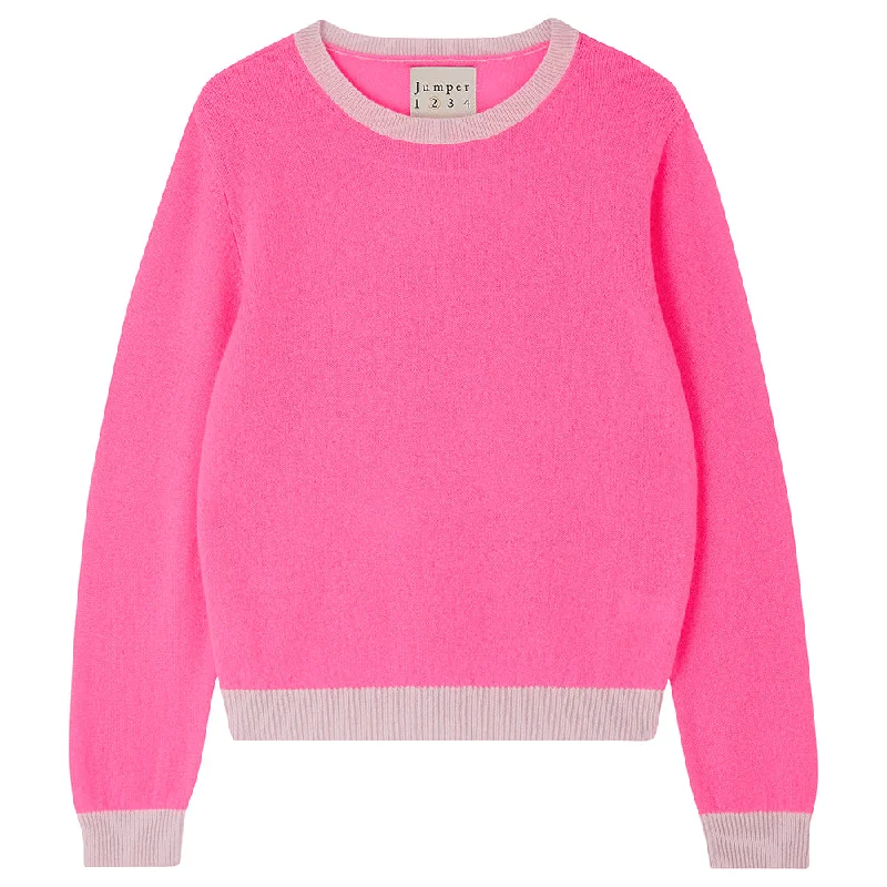 Cashmere Contrast Crew in Neon Pink and Fog