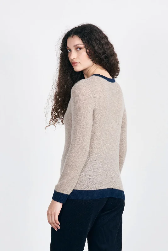 Cashmere Contrast Crew in Organic Light Brown and Navy