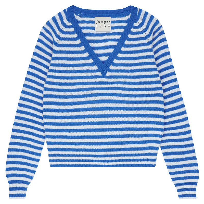 Cashmere Crop Stripe Vee in Bright Blue and Cement