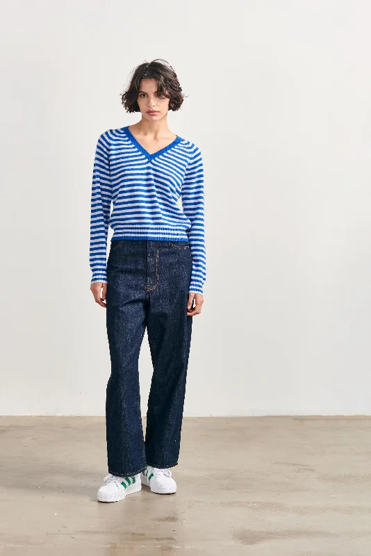 Cashmere Crop Stripe Vee in Bright Blue and Cement