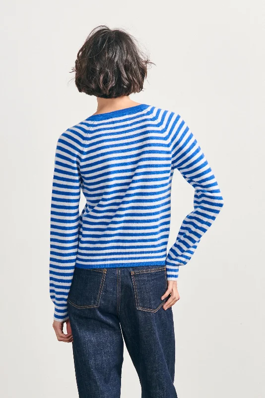 Cashmere Crop Stripe Vee in Bright Blue and Cement