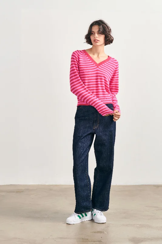 Cashmere Crop Stripe Vee in Watermelon and Peony