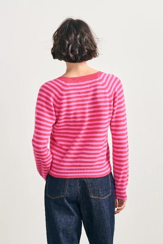 Cashmere Crop Stripe Vee in Watermelon and Peony