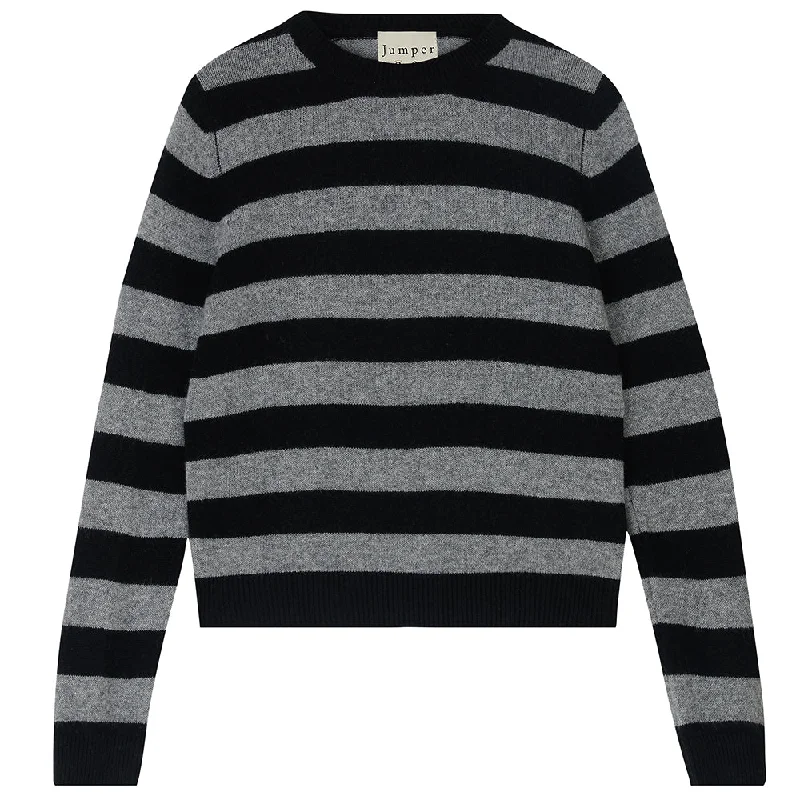 Cashmere Stripe Crew in Black and Mid Grey