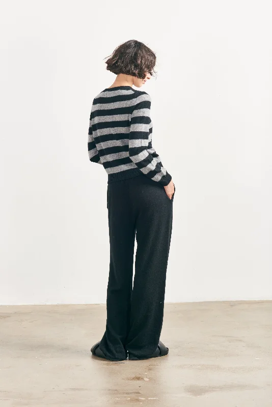 Cashmere Stripe Crew in Black and Mid Grey