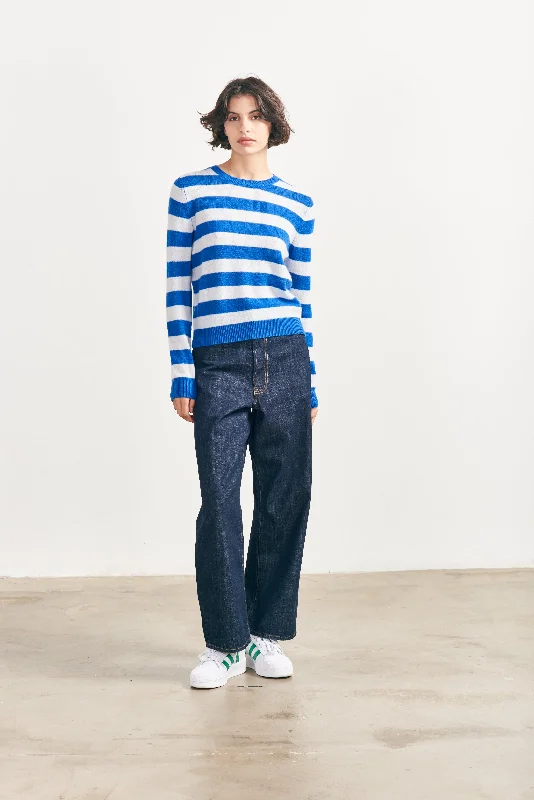 Cashmere Stripe Crew in Bright Blue and Cement