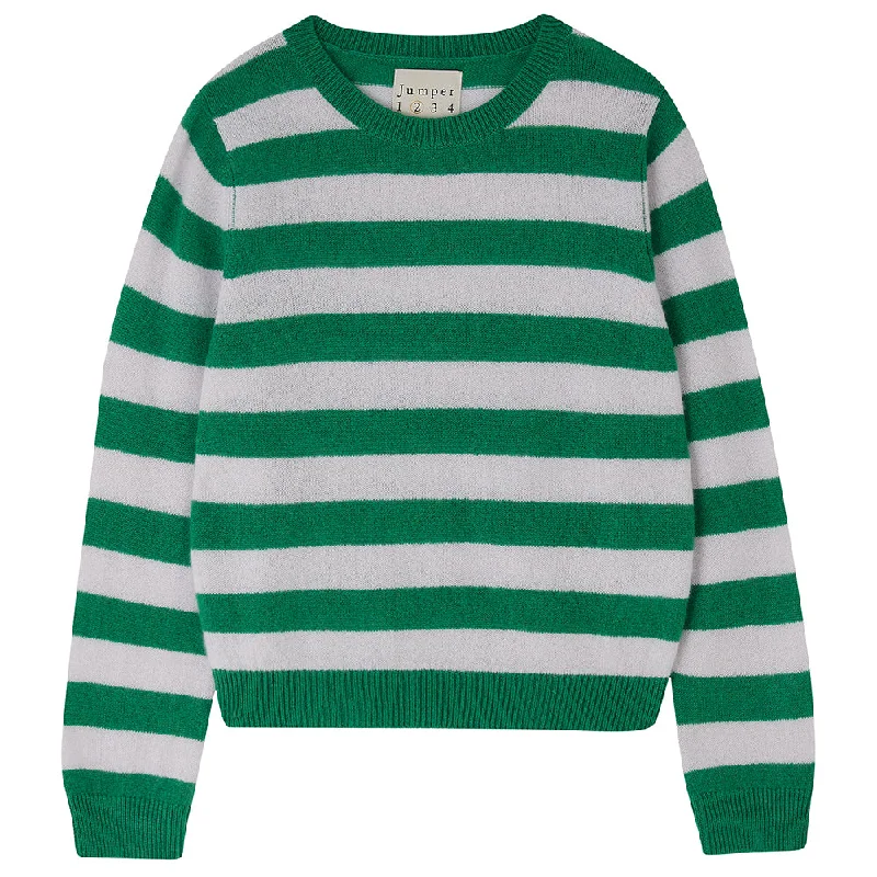 Cashmere Stripe Crew in Grass Green and Fog