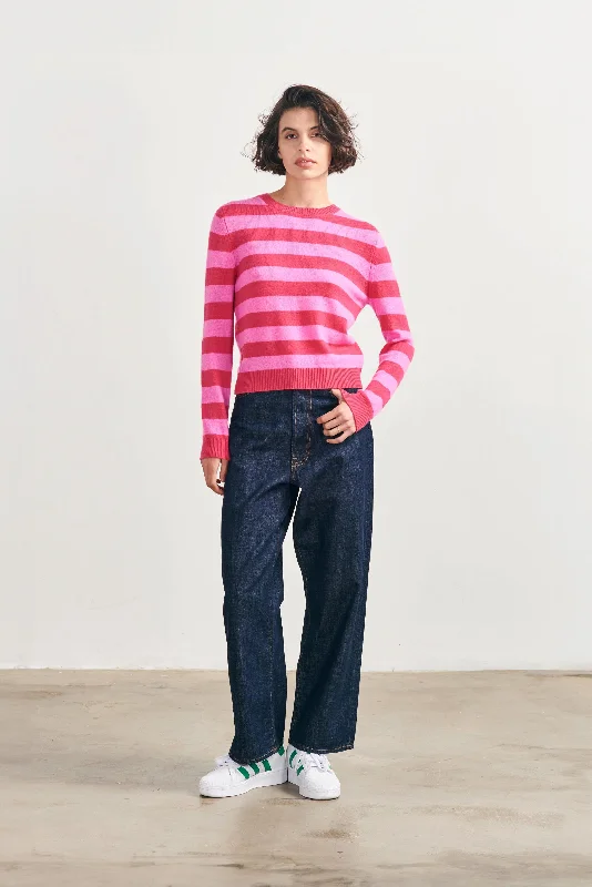 Cashmere Stripe Crew in Watermelon and Peony