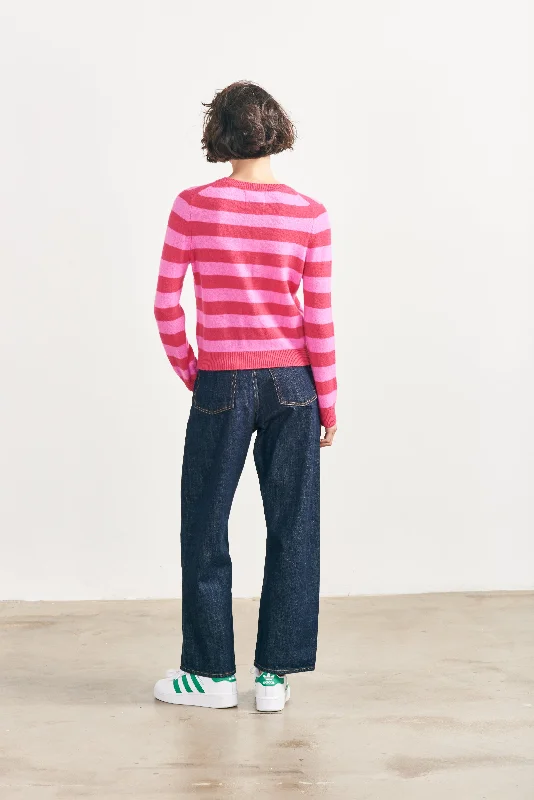 Cashmere Stripe Crew in Watermelon and Peony