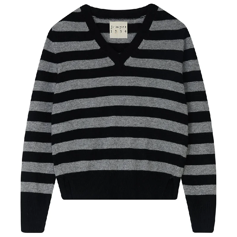 Cashmere Stripe Vee Neck in Black and Mid Grey