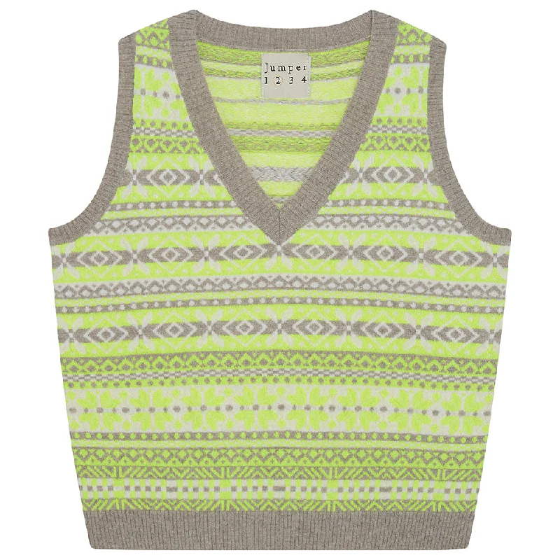 Cashmere Tonal Fair Isle Tank in Organic Light Brown and Neon Yellow