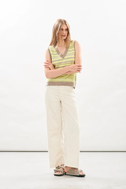 Cashmere Tonal Fair Isle Tank in Organic Light Brown and Neon Yellow