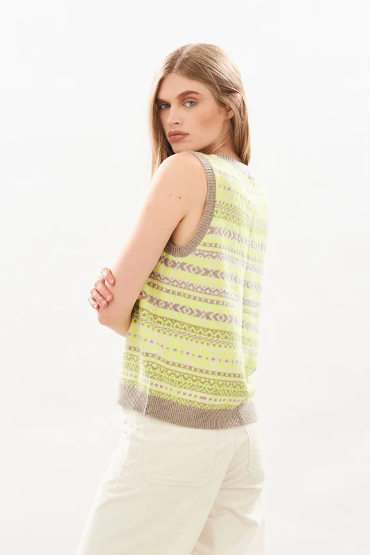 Cashmere Tonal Fair Isle Tank in Organic Light Brown and Neon Yellow