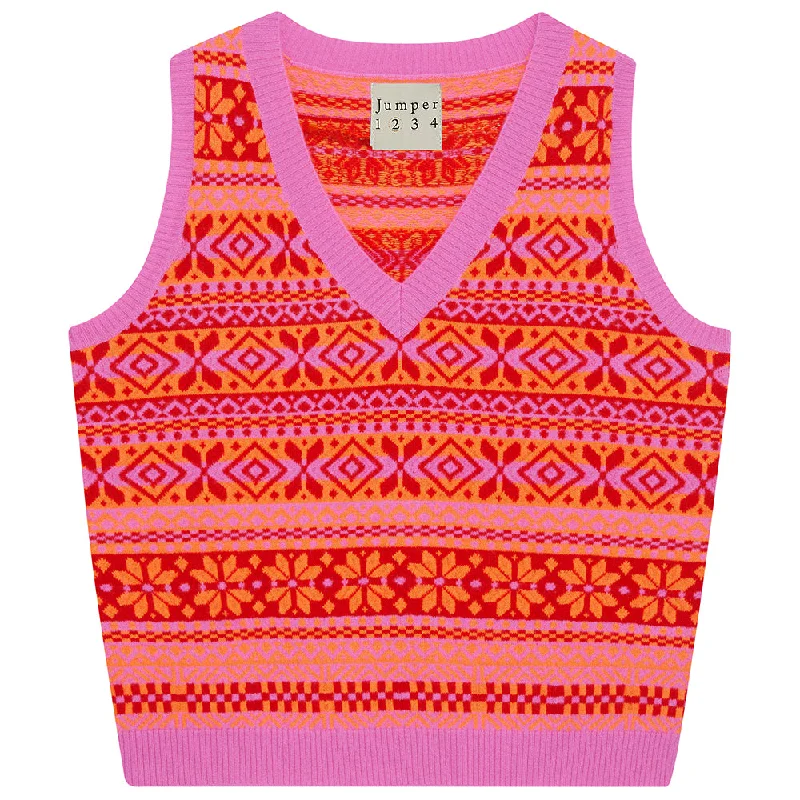 Cashmere Tonal Fair Isle Tank in Peony and Neon Orange