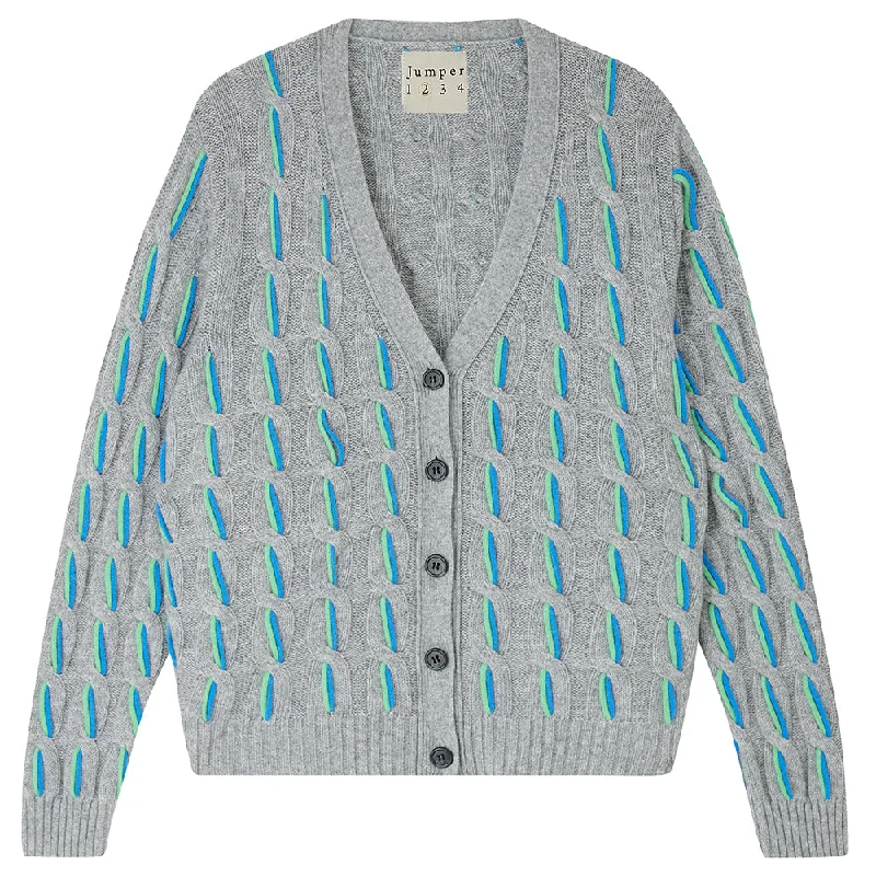 Cashmere Wool Aran Cardigan in Mid Grey