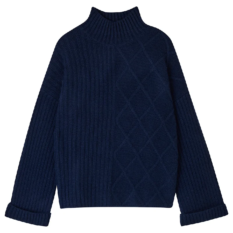 Cashmere Wool Aran Rib Turtle in Navy