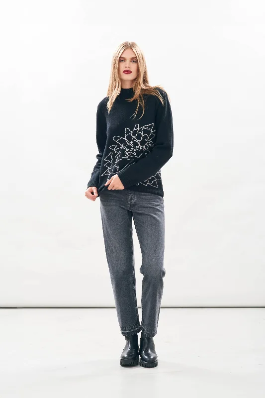 Cashmere Wool Flower Outline Turtle in Black and Fog