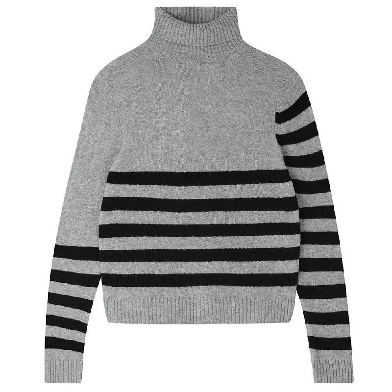 Cashmere Wool Invert Stripe Roll Collar in Mid Grey and Black