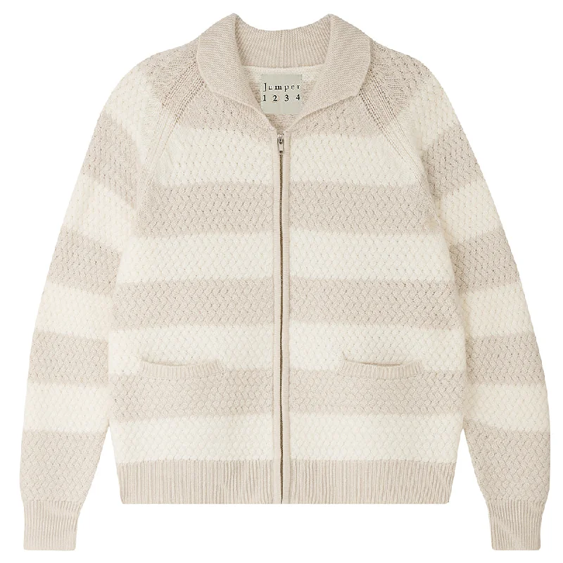 Cashmere Wool Moss Stripe Cardigan in Cream