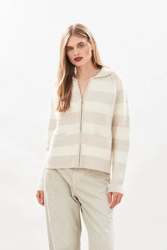 Cashmere Wool Moss Stripe Cardigan in Cream