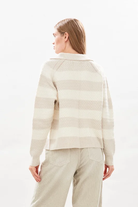 Cashmere Wool Moss Stripe Cardigan in Cream