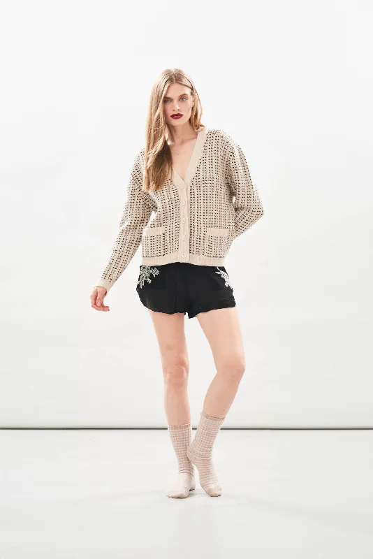 Cashmere Wool Multi Stitch Cardigan in Biscuit