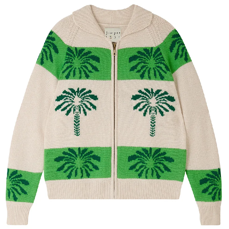 Cashmere Wool Palm Cardigan in Biscuit and Green