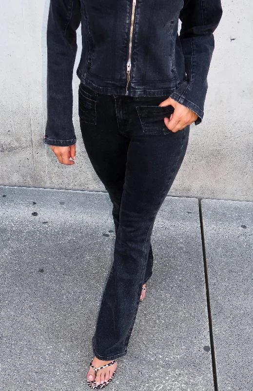 Kayla Mid Rise Flare Jeans Black Acid Wash