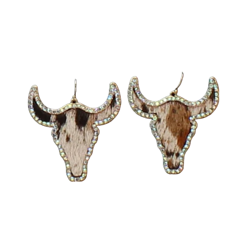 Blazin Roxx Silver Strike Cow Hide Crystal Bull Head Earrings D460013305