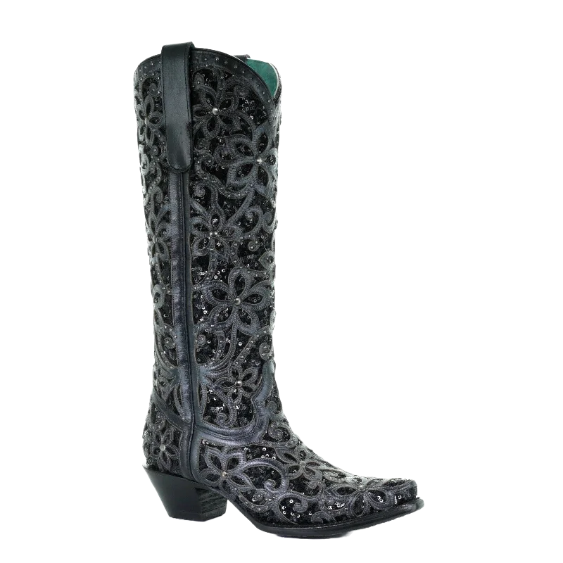 Corral Ladies Black Full Inlay & Studs Tall Top Boots A3589