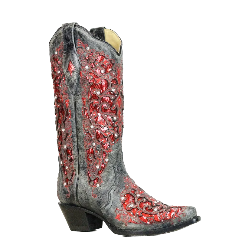 Corral Ladies Black-Red Glitter Inlay & Crystal Boots A3534