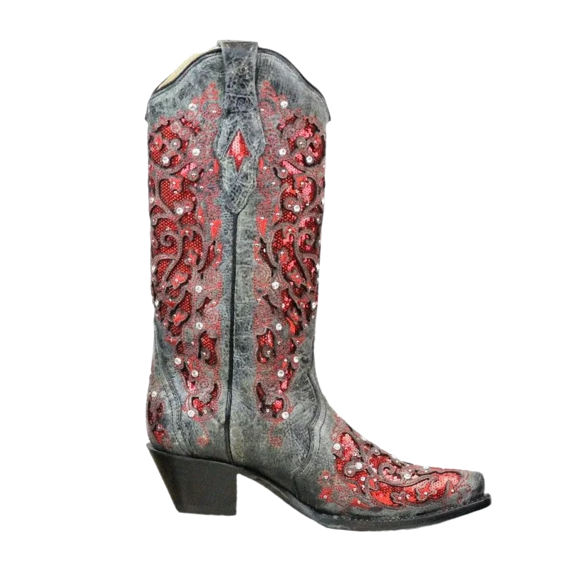 Corral Ladies Black-Red Glitter Inlay & Crystal Boots A3534