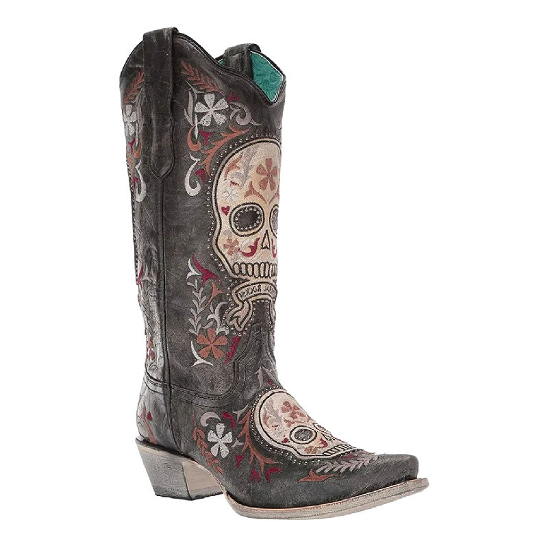 Corral Ladies Black Skull Overlay Embroidery & Studs Boots E1587