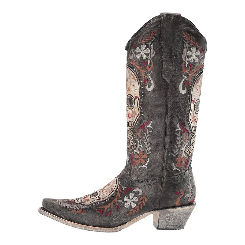 Corral Ladies Black Skull Overlay Embroidery & Studs Boots E1587