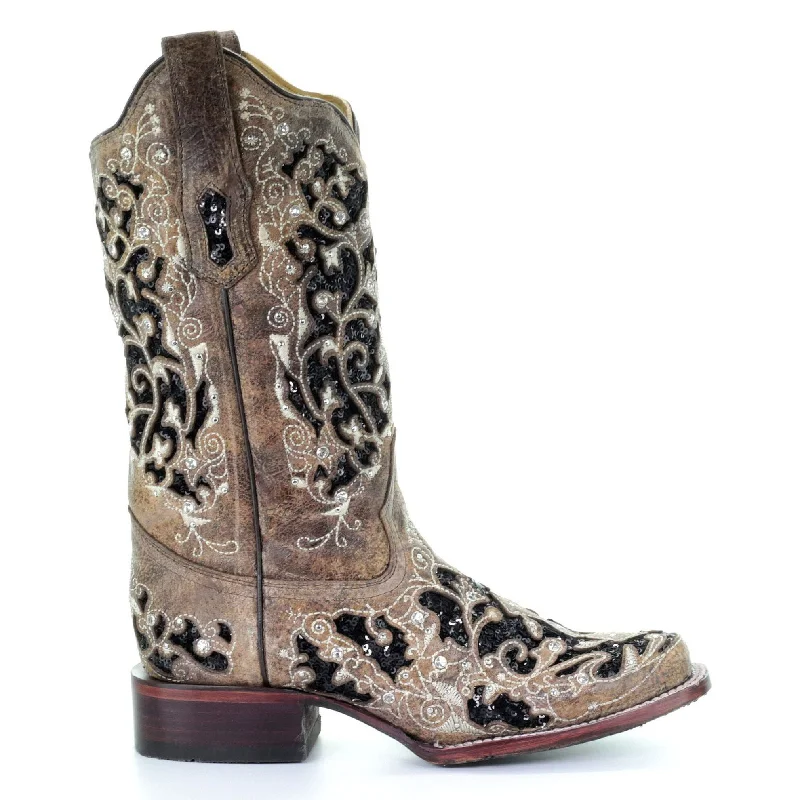 Corral Ladies Brown Black Inlay Floral Embroidery & Studs Boots A3648