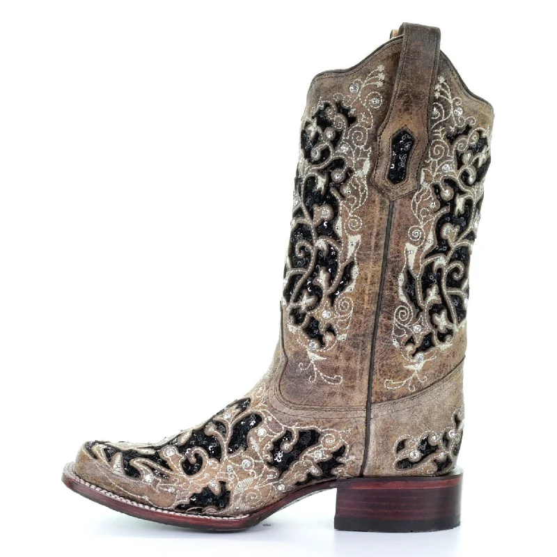 Corral Ladies Brown Black Inlay Floral Embroidery & Studs Boots A3648