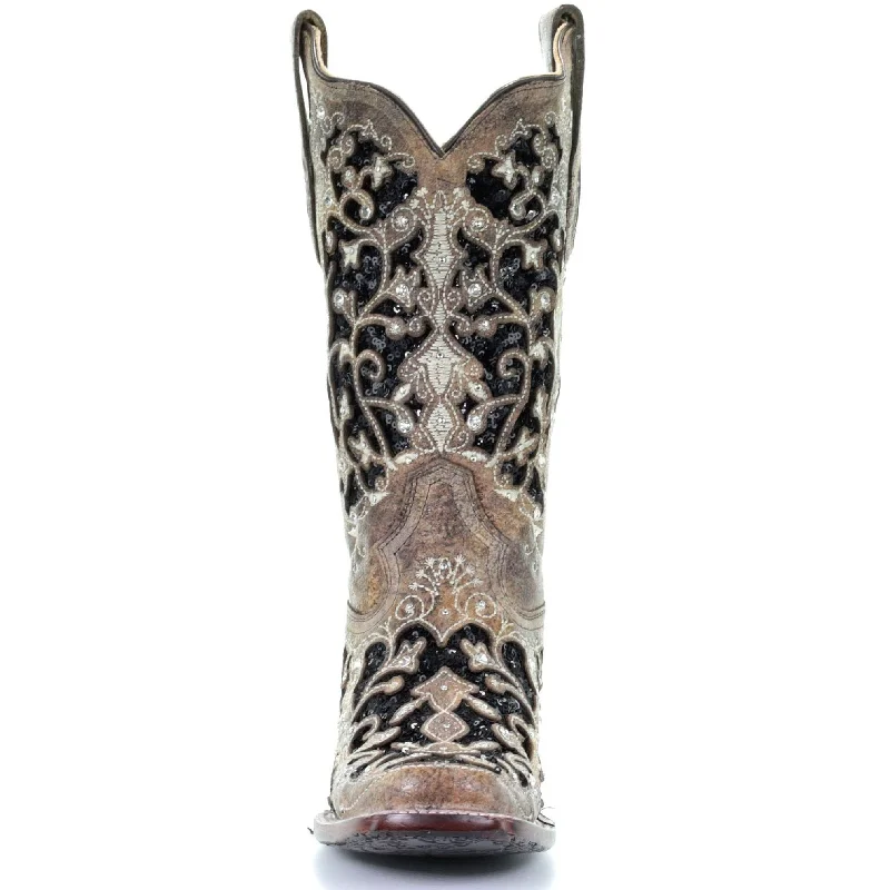 Corral Ladies Brown Black Inlay Floral Embroidery & Studs Boots A3648