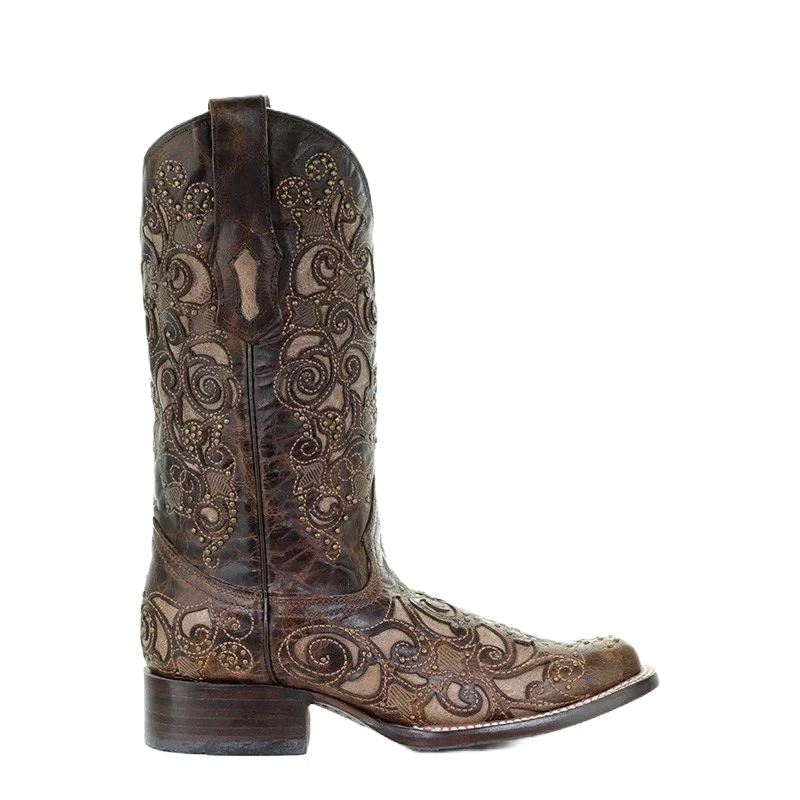 Corral Ladies Brown Inlay, Studs & Embroidery Boots A3326