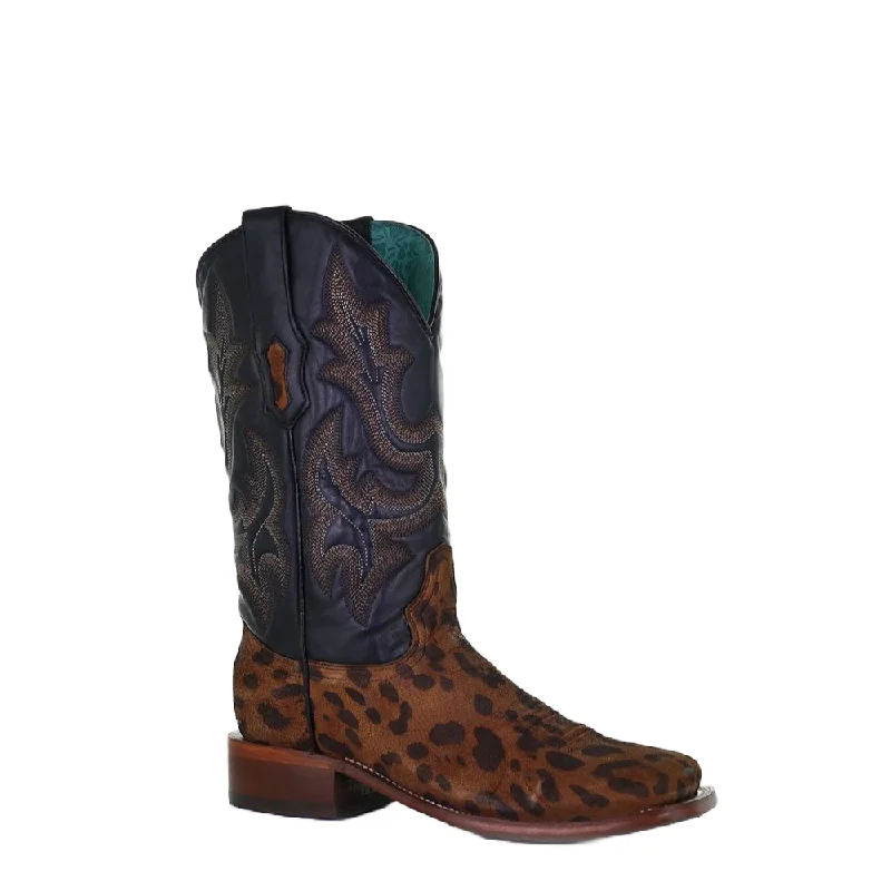 Corral Ladies Camel Leopard & Black Embroidery Square Toe Boots A4144