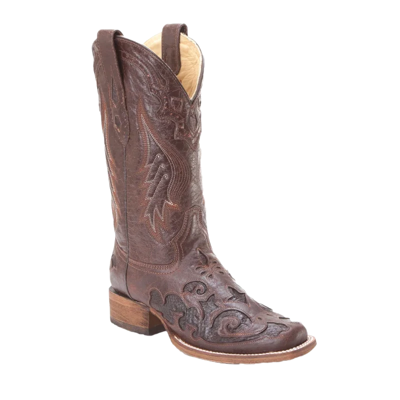 Corral® Ladies Chocolate Snake Inlay Brown Square Toe Boots A2404