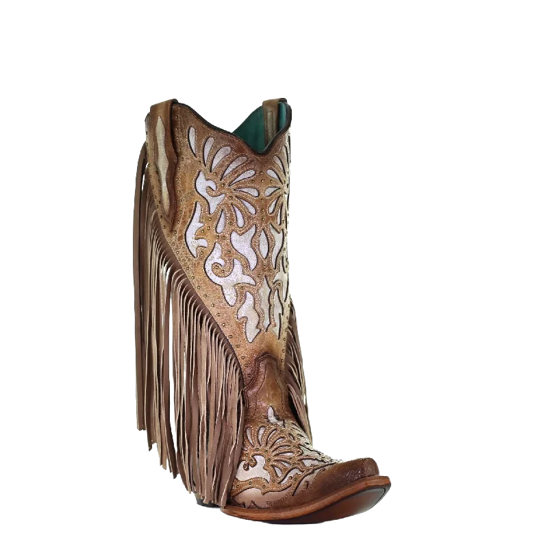 Corral Ladies Saddle Brown Lamb Inlay Embroidery & Fringe Boots C3766