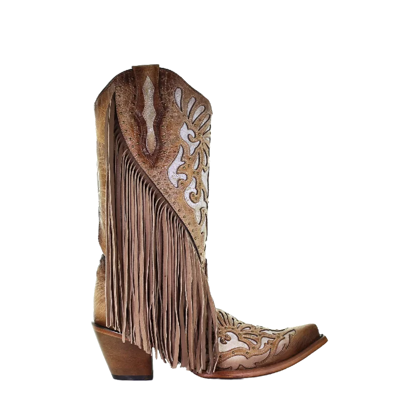 Corral Ladies Saddle Brown Lamb Inlay Embroidery & Fringe Boots C3766