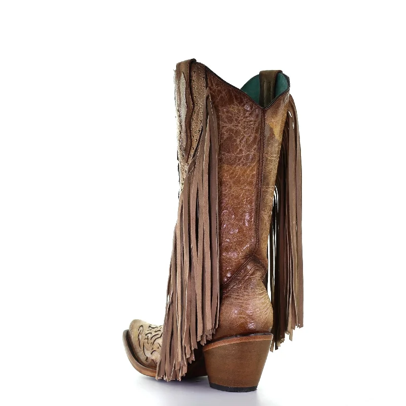 Corral Ladies Saddle Brown Lamb Inlay Embroidery & Fringe Boots C3766