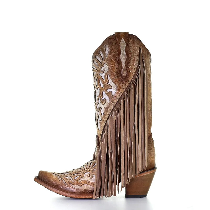 Corral Ladies Saddle Brown Lamb Inlay Embroidery & Fringe Boots C3766