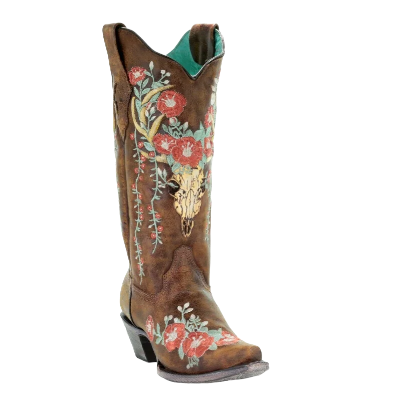 Corral Ladies Tan Deer Skull Overlay & Floral Embroidered Boots A3652