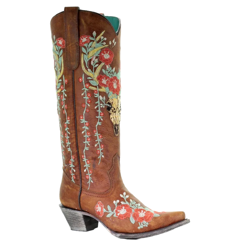 Corral Ladies Juliet Tan Deer Skull Floral Embroidery Boots A3620