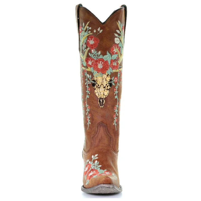 Corral Ladies Juliet Tan Deer Skull Floral Embroidery Boots A3620